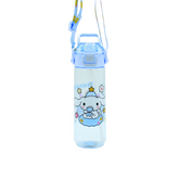 Clear water bottle with cartoon character design on a white background