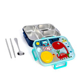 Children's lunch box with compartments, spoon, and fork on a white background