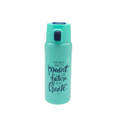 Turquoise water bottle with motivational quote on a white background