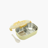 Yellow bento box with compartments and a spoon
