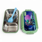 Children's lunchbox with stainless steel compartments and a blue spoon, featuring a dinosaur design on the lid.