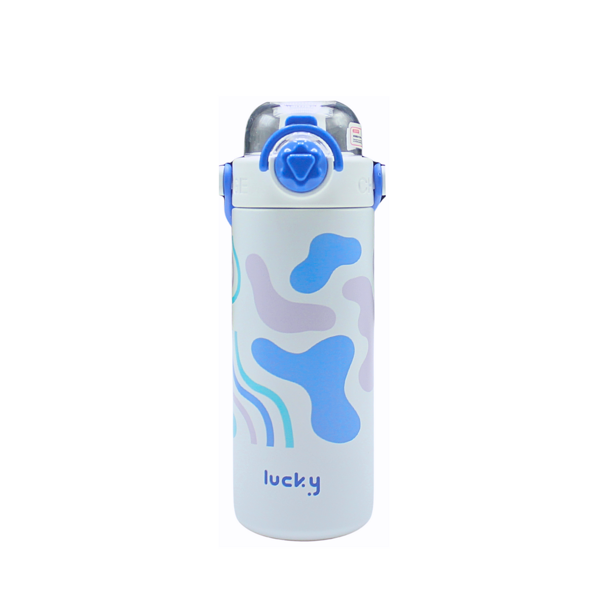Blue and white water bottle with abstract design and 'lucky' text on a white background