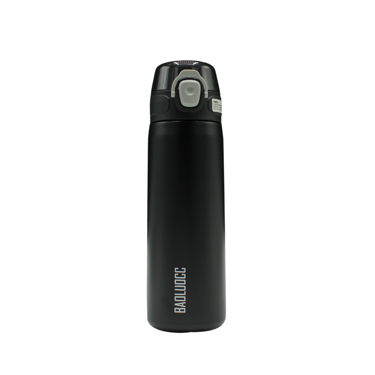 Black thermos bottle with a gray lid on a white background
