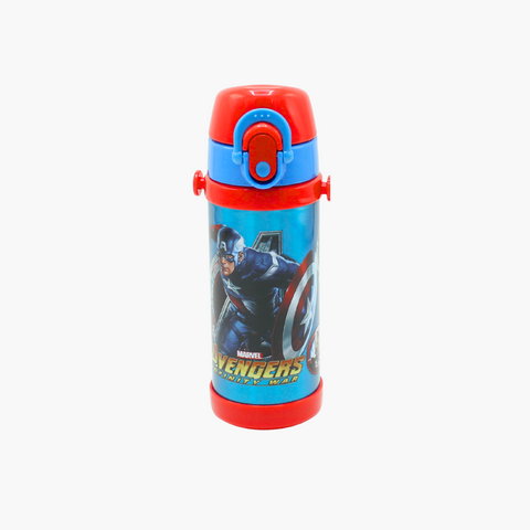 Children's water bottle with Captain America design on a white background