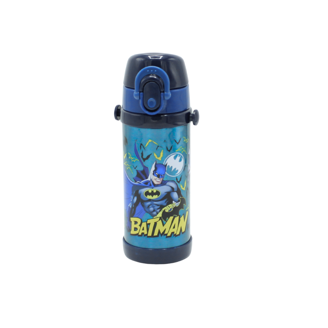 Batman-themed water bottle on a white background