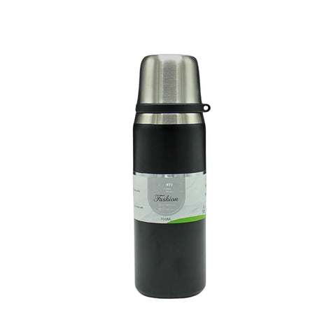 Black thermos bottle with silver cap on a white background