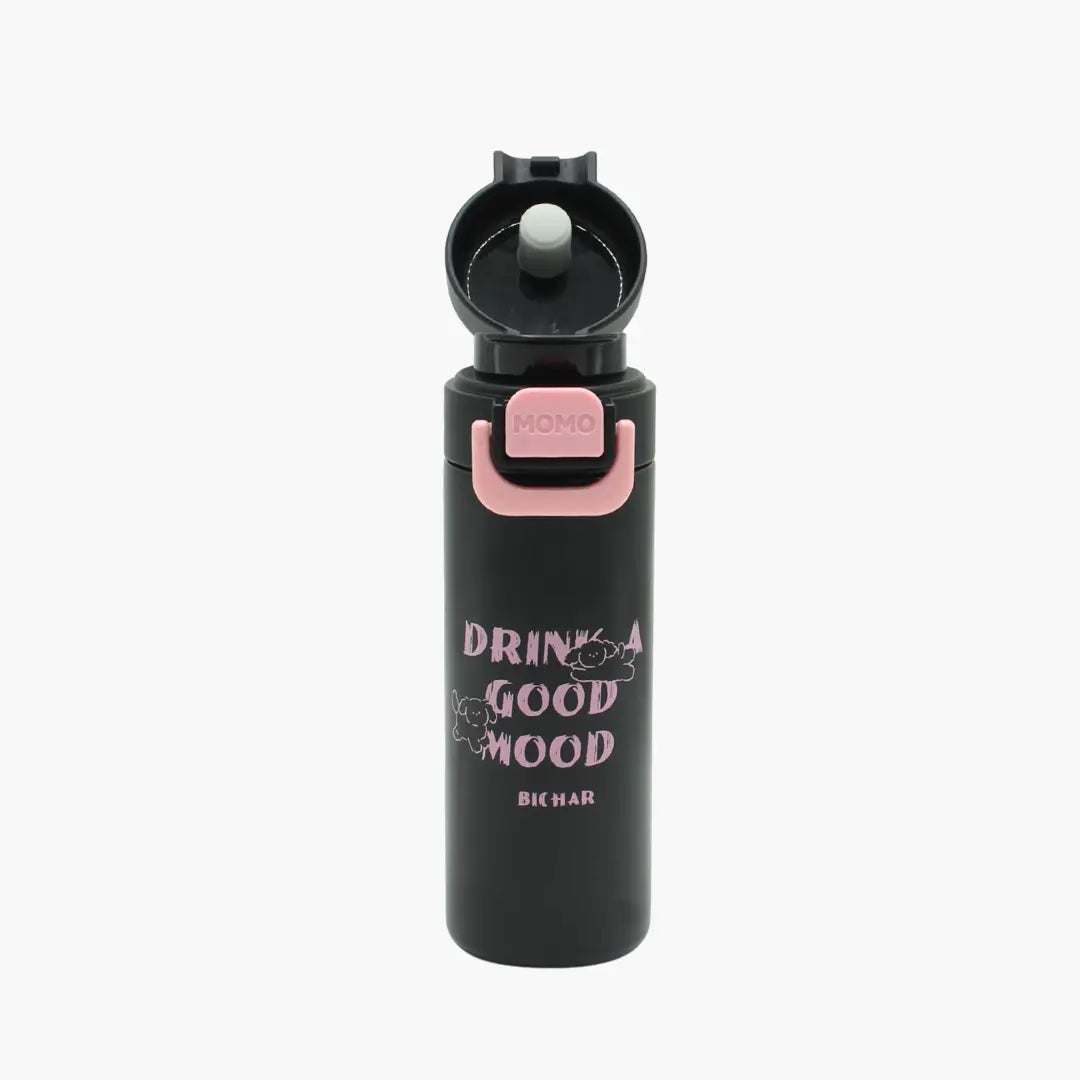 Black water bottle with pink cap and text on a white background