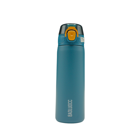 Blue insulated bottle with orange cap on a white background
