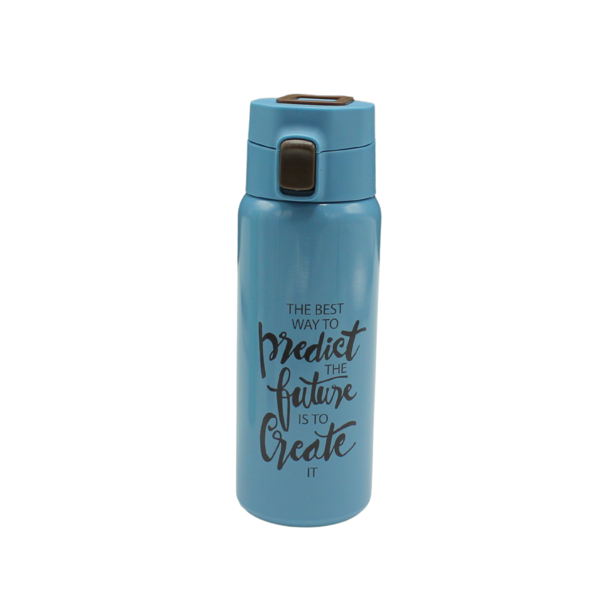 Blue water bottle with motivational quote on a white background