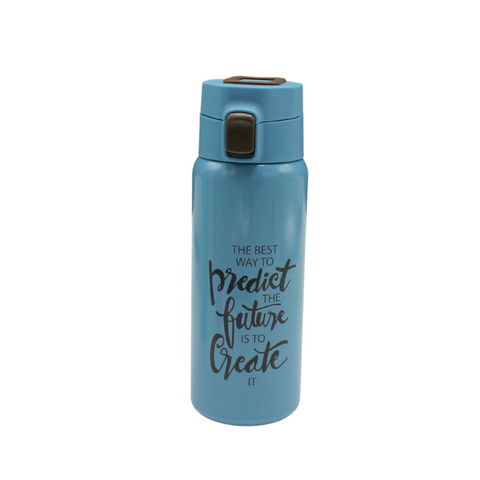 Blue water bottle with motivational quote on a white background