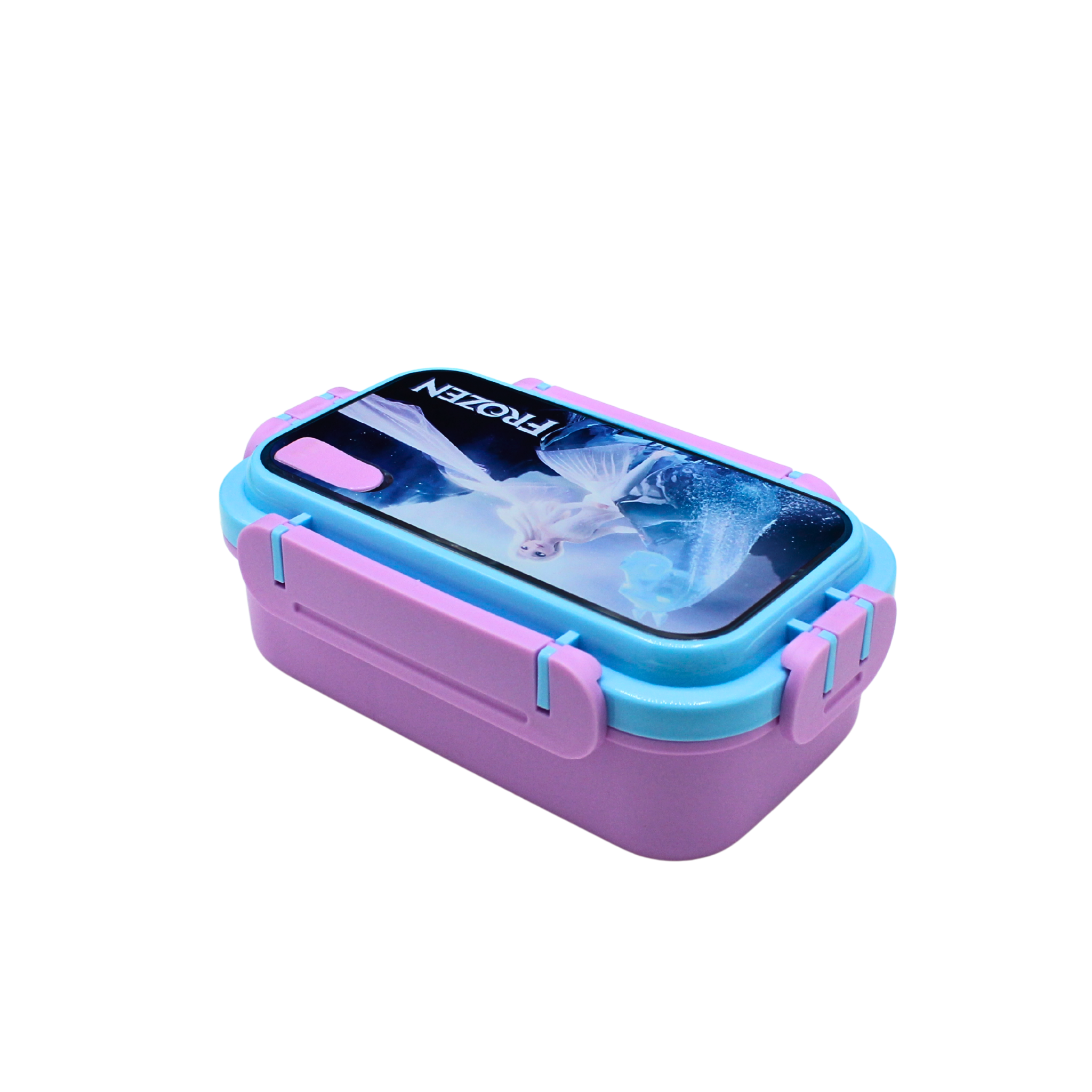 Frozen-themed kids lunch box featuring Elsa and Anna, pastel colors, multi-compartment, BPA-free and leak-proof for school or travel