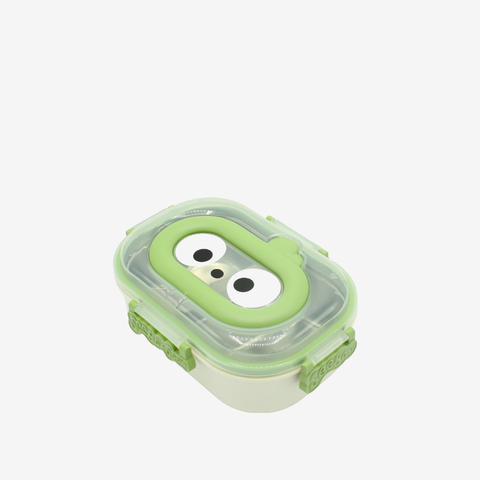 Green and white container with a cartoon face on a white background