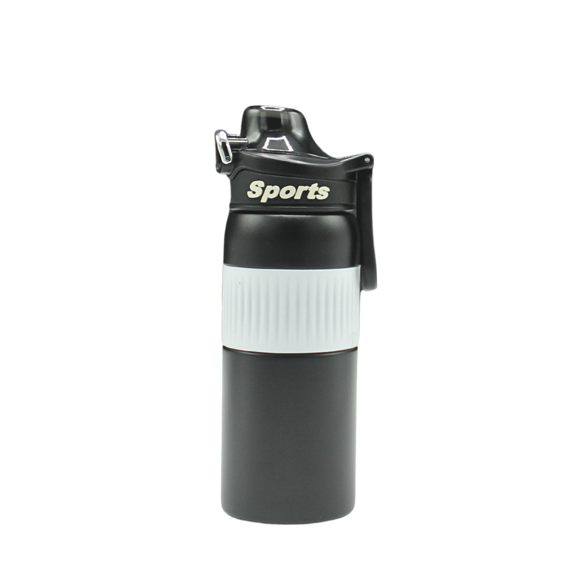 Black sports water bottle with white label on a white background
