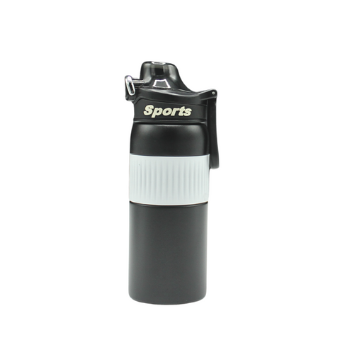 Black sports water bottle with white label on a white background