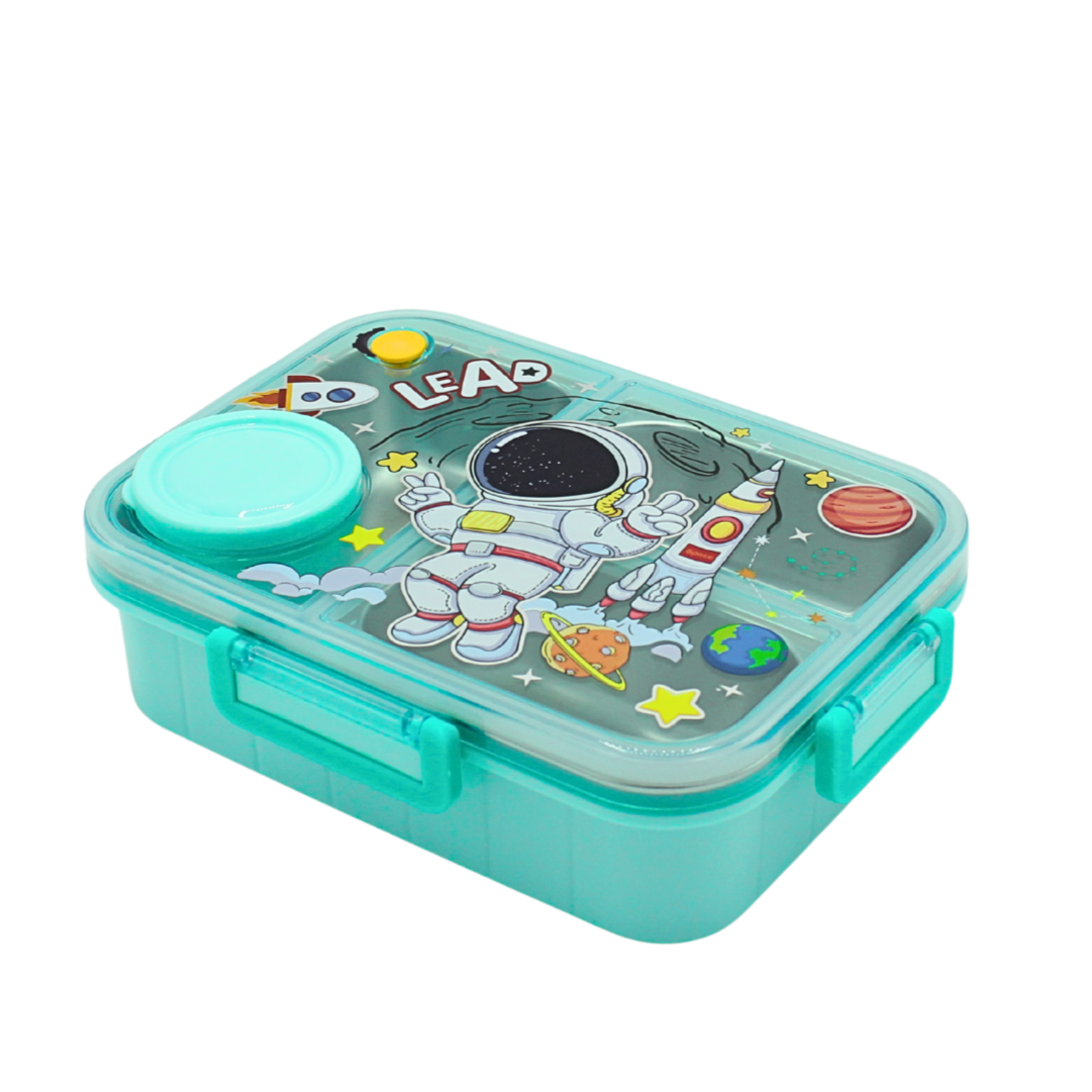 Happy Bites Bento Box with cartoon characters, stainless steel compartments, and included spoon and chopsticks – ideal for kids’ school lunches.