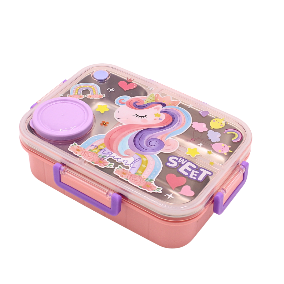 Happy Bites Bento Box with cartoon characters, stainless steel compartments, and included spoon and chopsticks – ideal for kids’ school lunches.