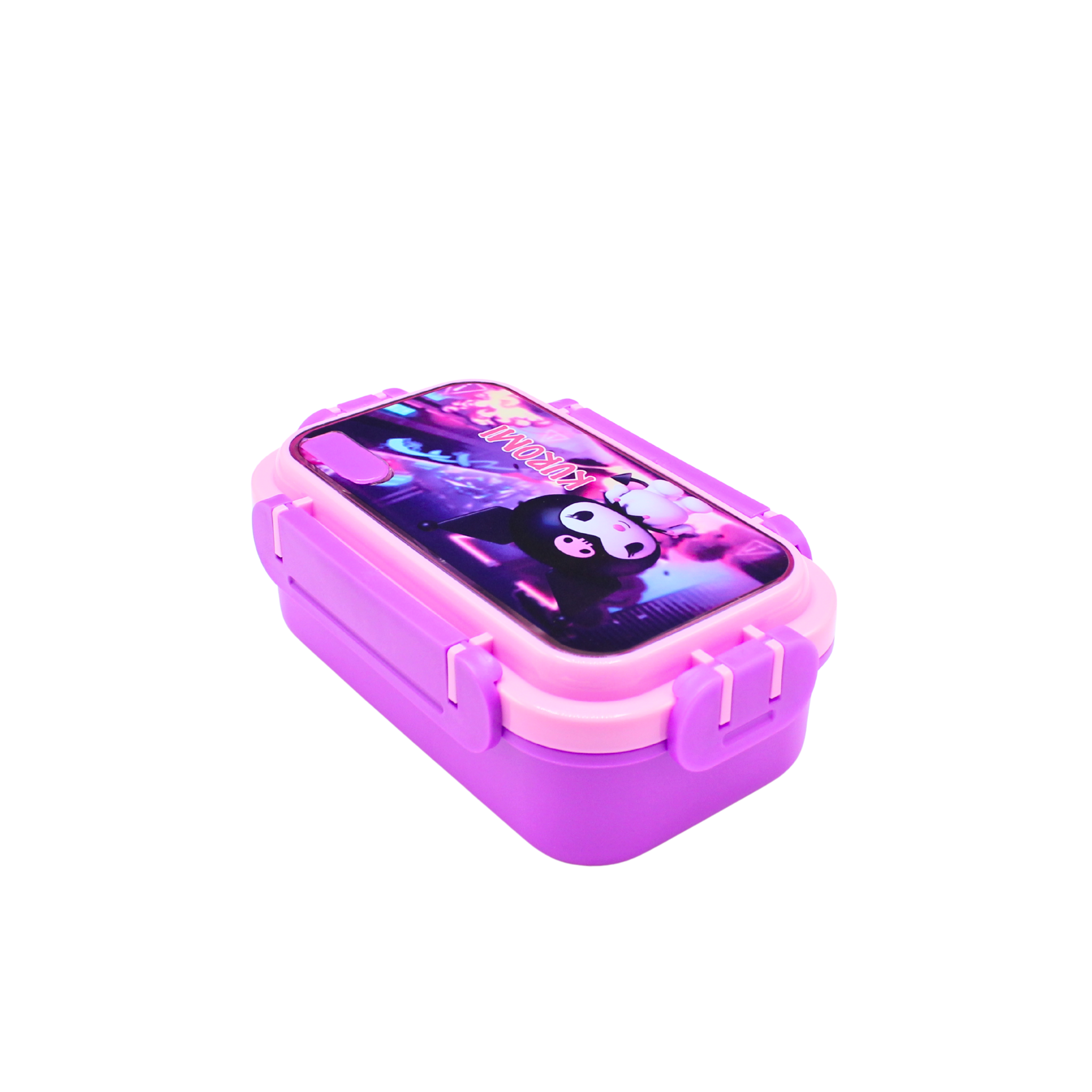 Kuromi Sanrio-themed kids lunch box in black and pink, cute yet edgy design, leak-proof and food-safe compartments, ideal for school lunches.