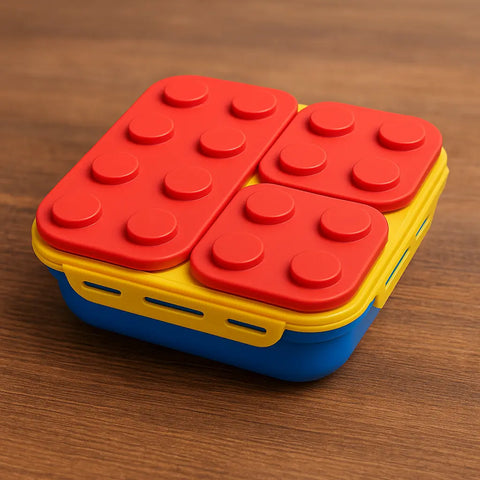 Colorful container with red, yellow, and blue design on a wooden surface