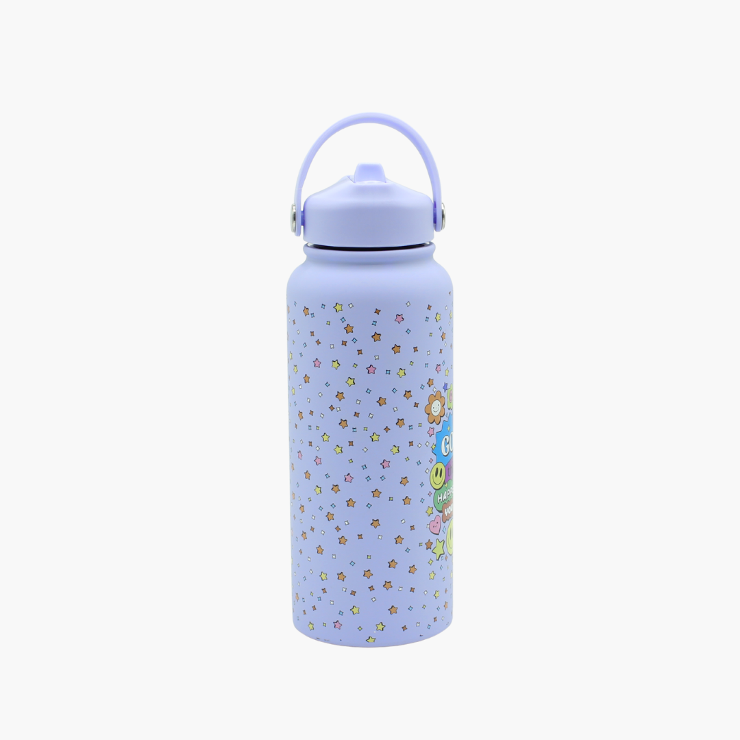 Light blue water bottle with floral pattern and cartoon characters 