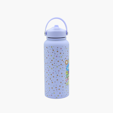 Light blue water bottle with floral pattern and cartoon characters 