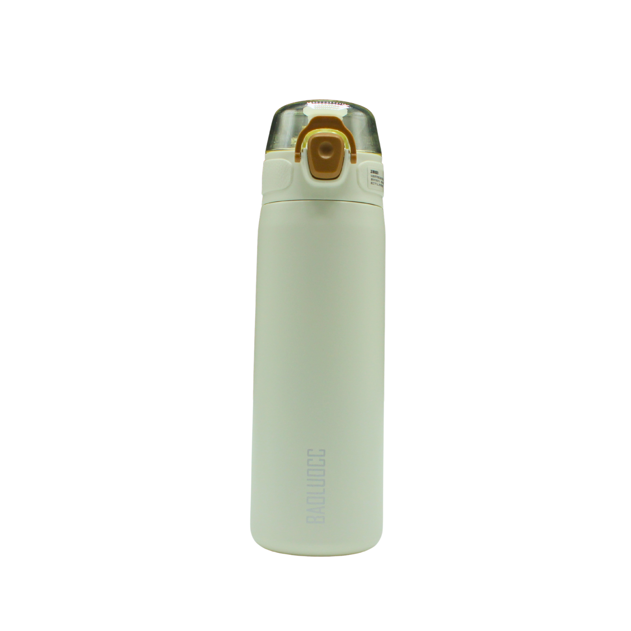 Light green thermos bottle with gold cap on a white background
