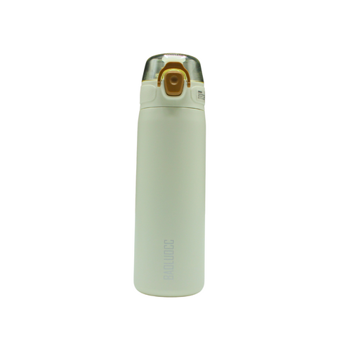 Light green thermos bottle with gold cap on a white background