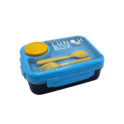 Blue lunch box with yellow lid and utensils on a white background