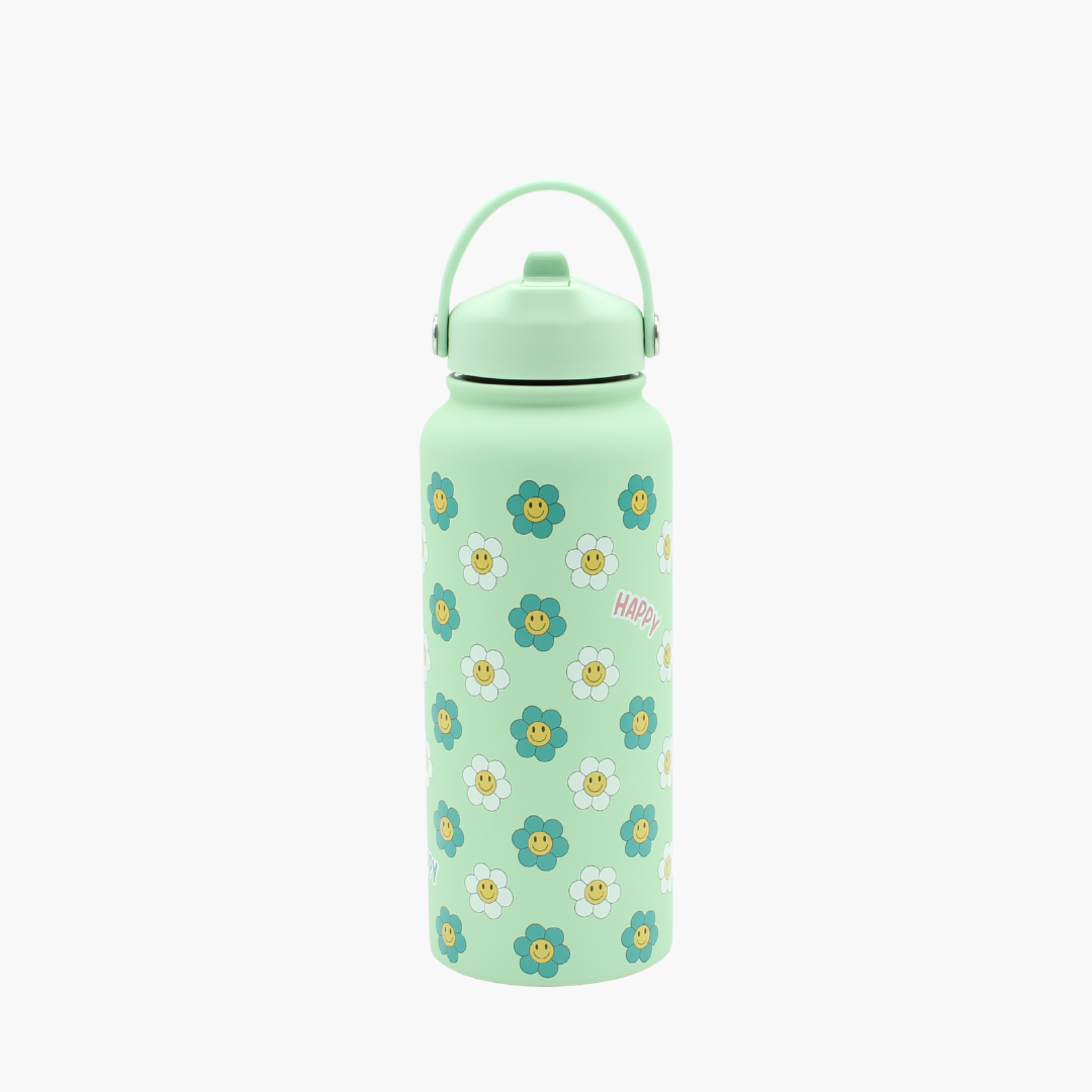 Mint green water bottle with floral pattern 