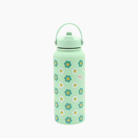 Mint green water bottle with floral pattern 
