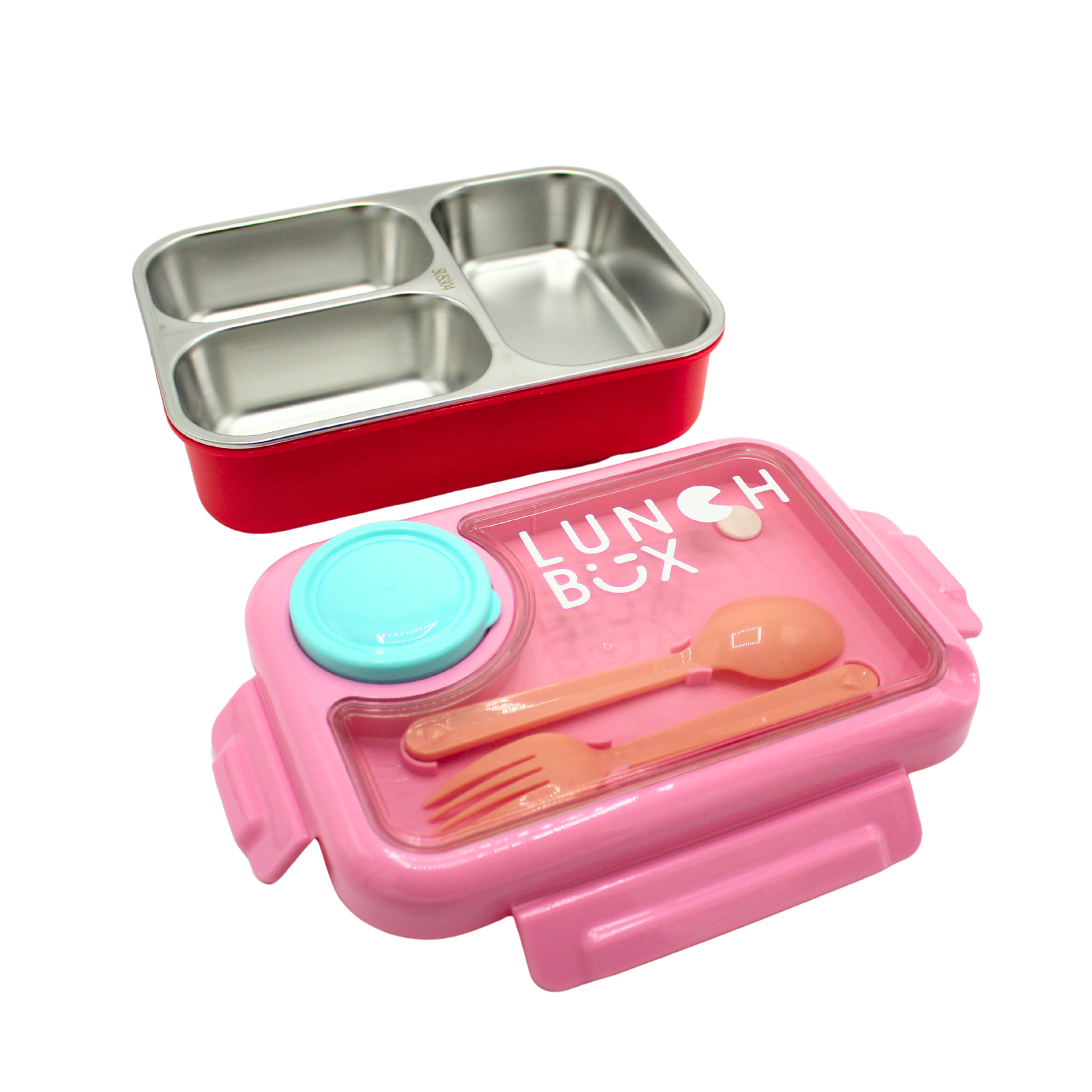 Pink lunch box with compartments, lid, spoon, fork, and knife on a white background