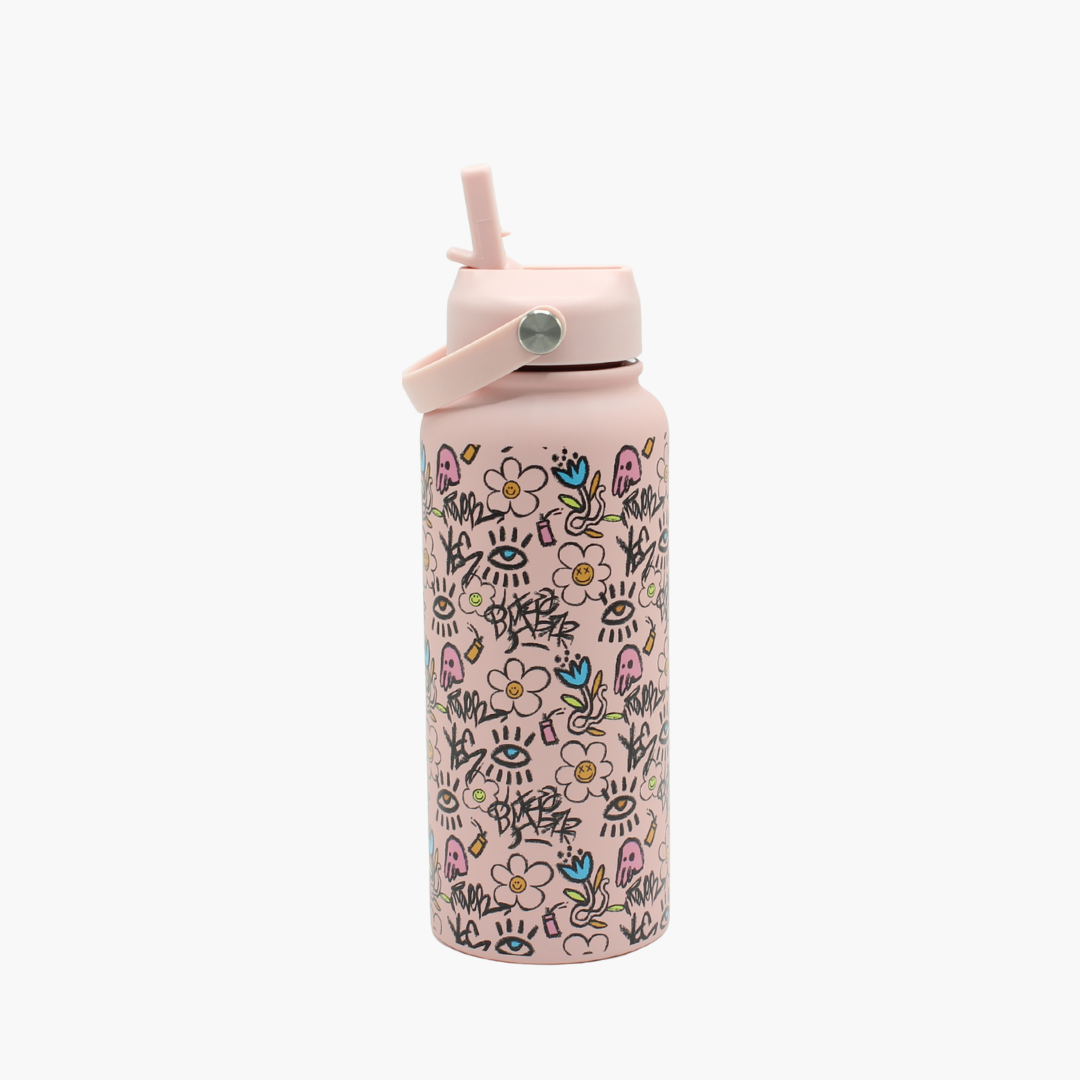 Pink water bottle with colorful designs 