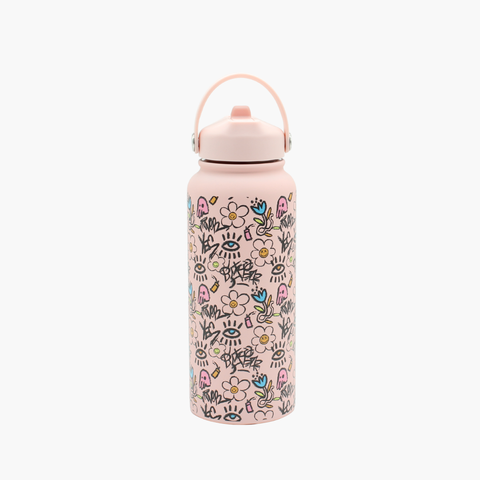 Pink water bottle with colorful patterns 