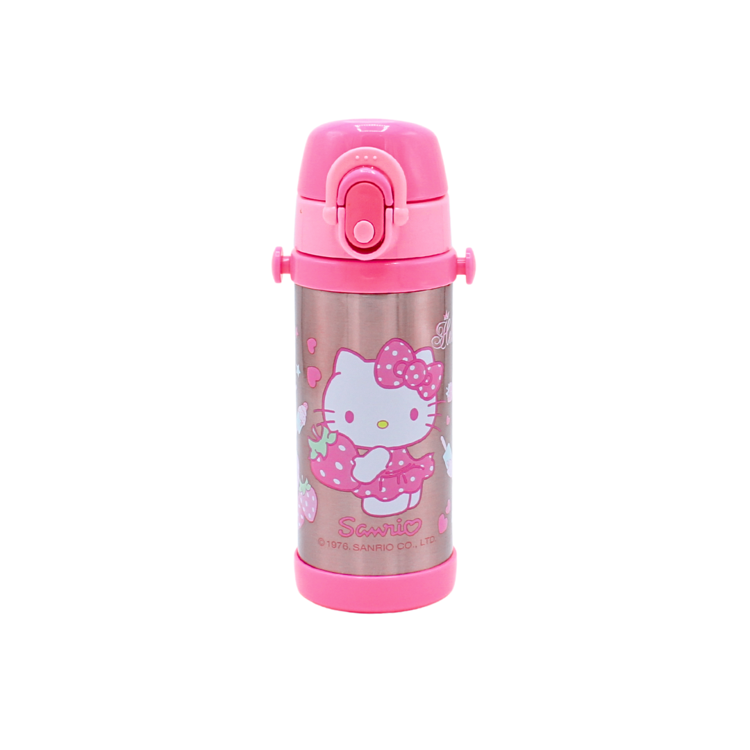 Pink and brown water bottle with Hello Kitty design on a white background