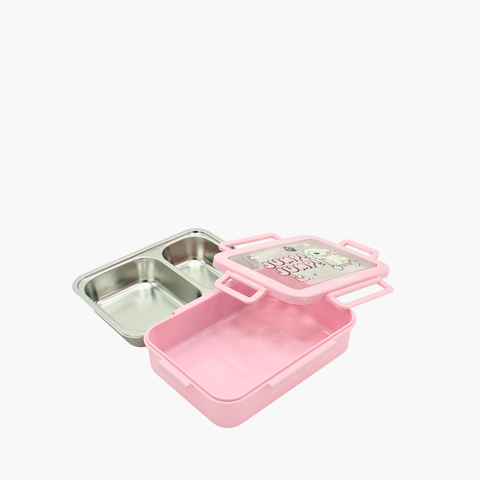 Pink bento box with a metal compartment on a white background