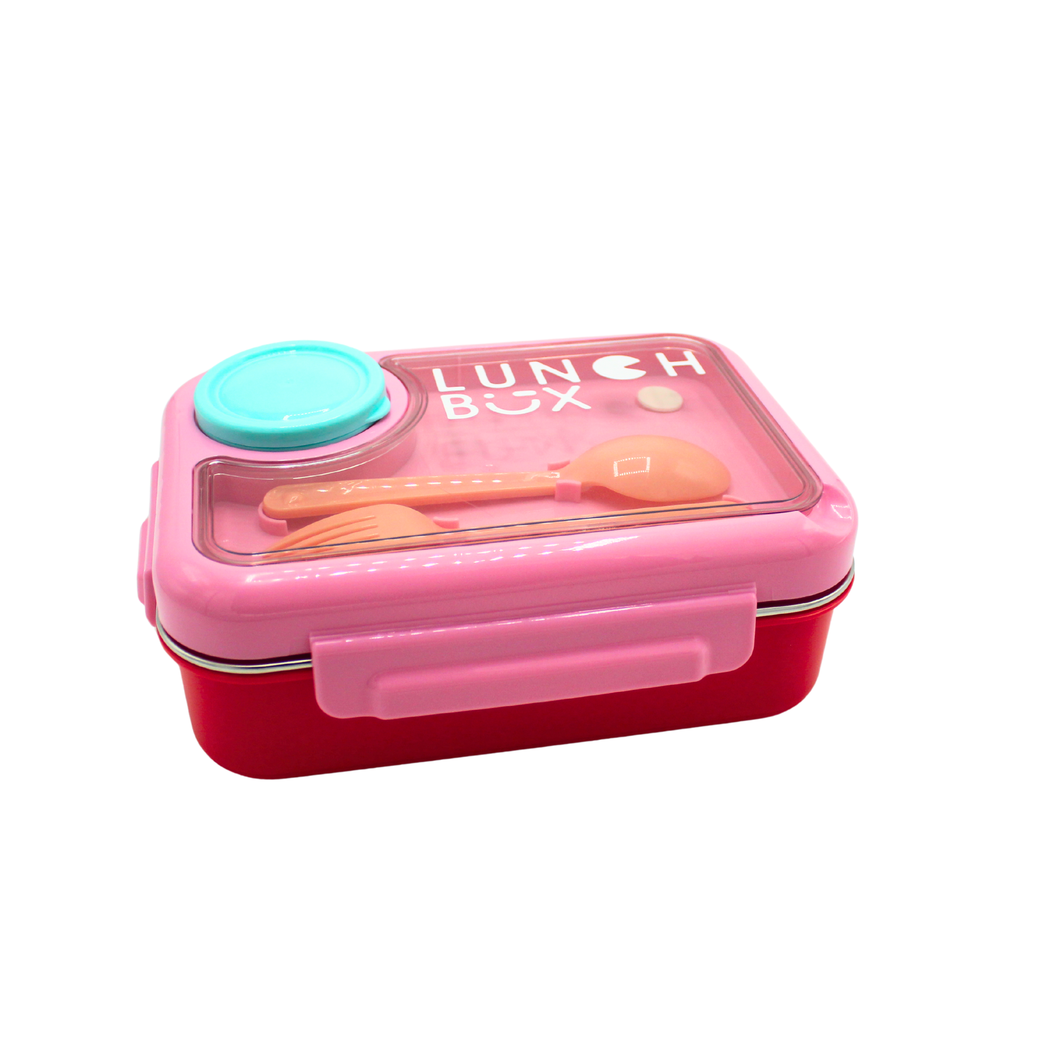Pink lunch box with a clear lid featuring utensils on a white background