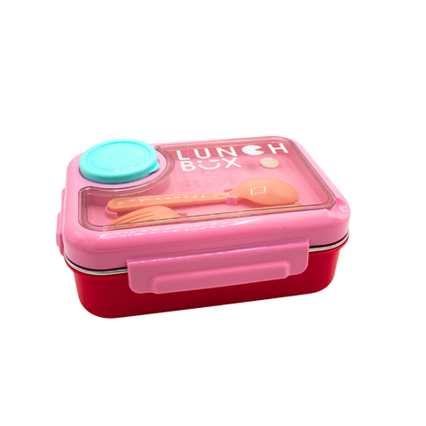 Pink lunch box with a clear lid featuring utensils on a white background