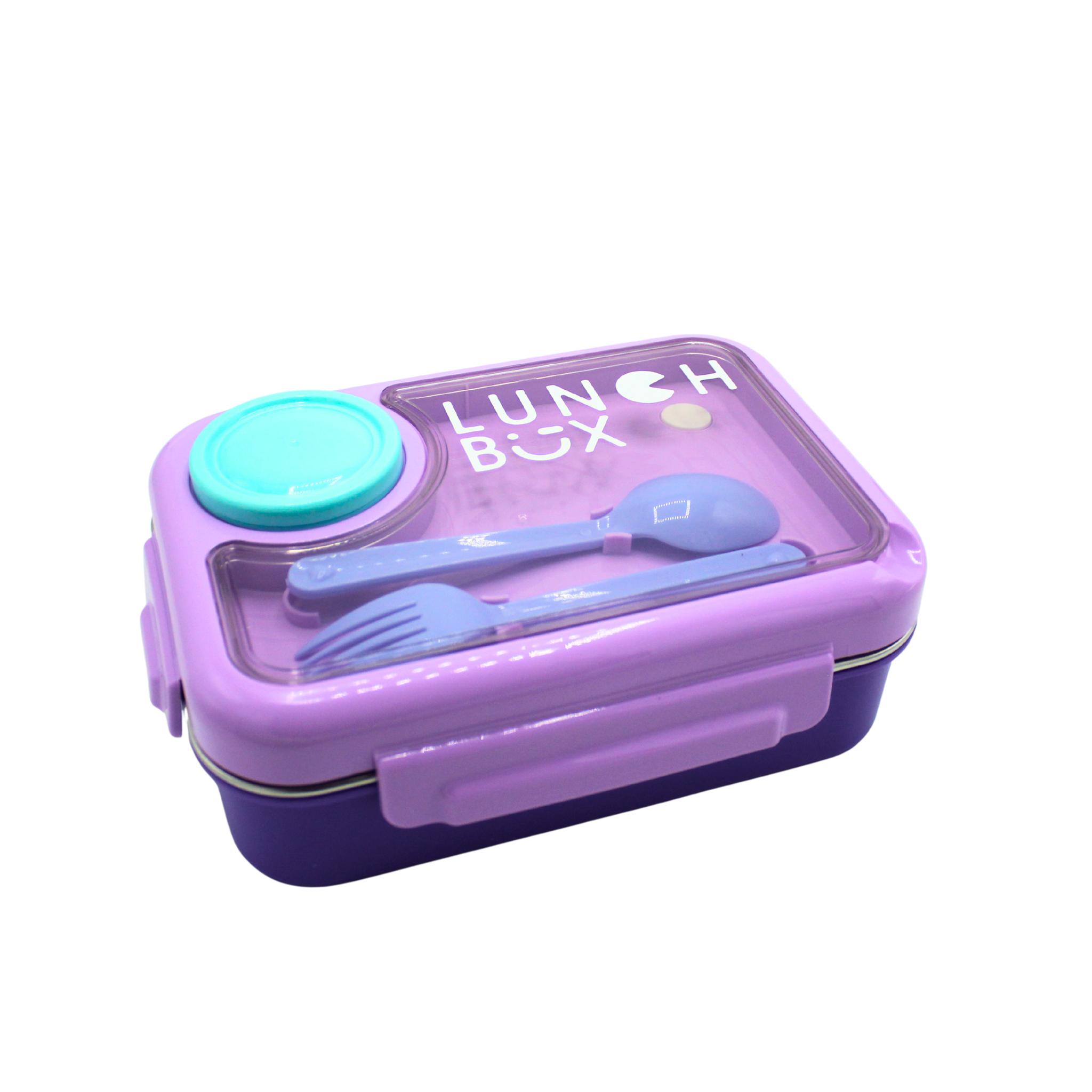 Purple lunch box with utensils on a white background