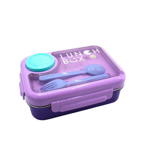Purple lunch box with utensils on a white background