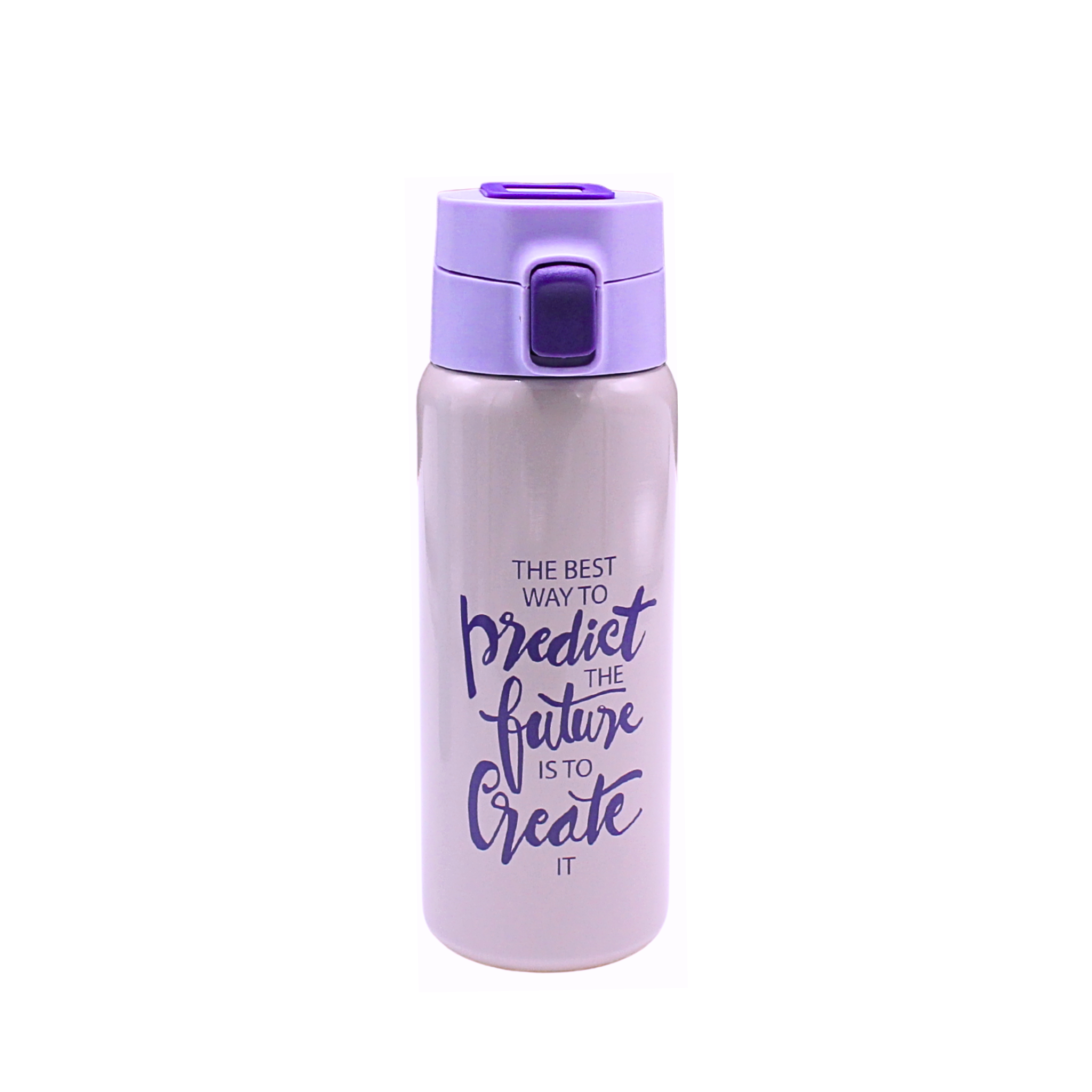 Purple water bottle with motivational quote on a white background