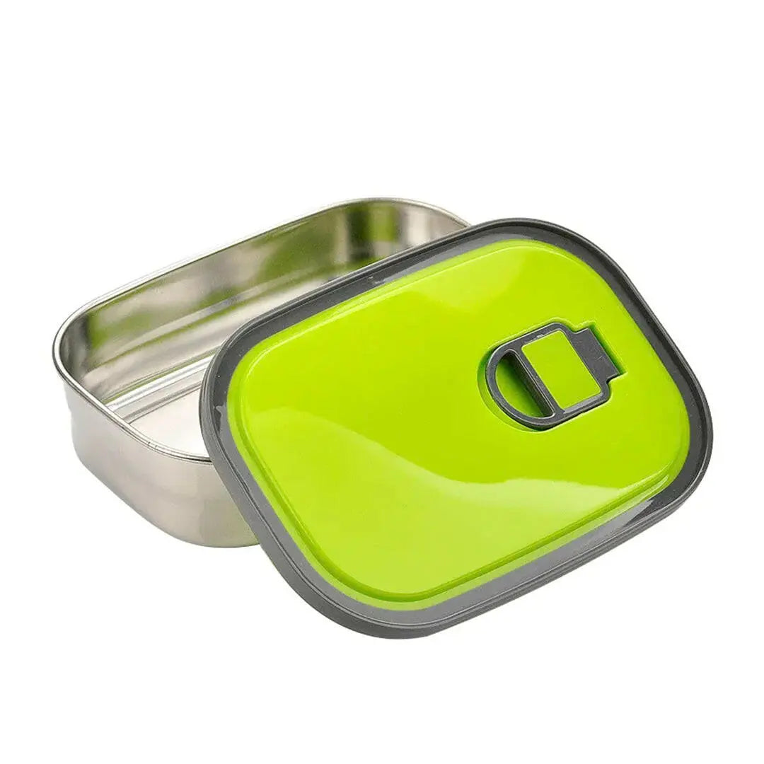 Green metal lunch box with a silver lid on a white background