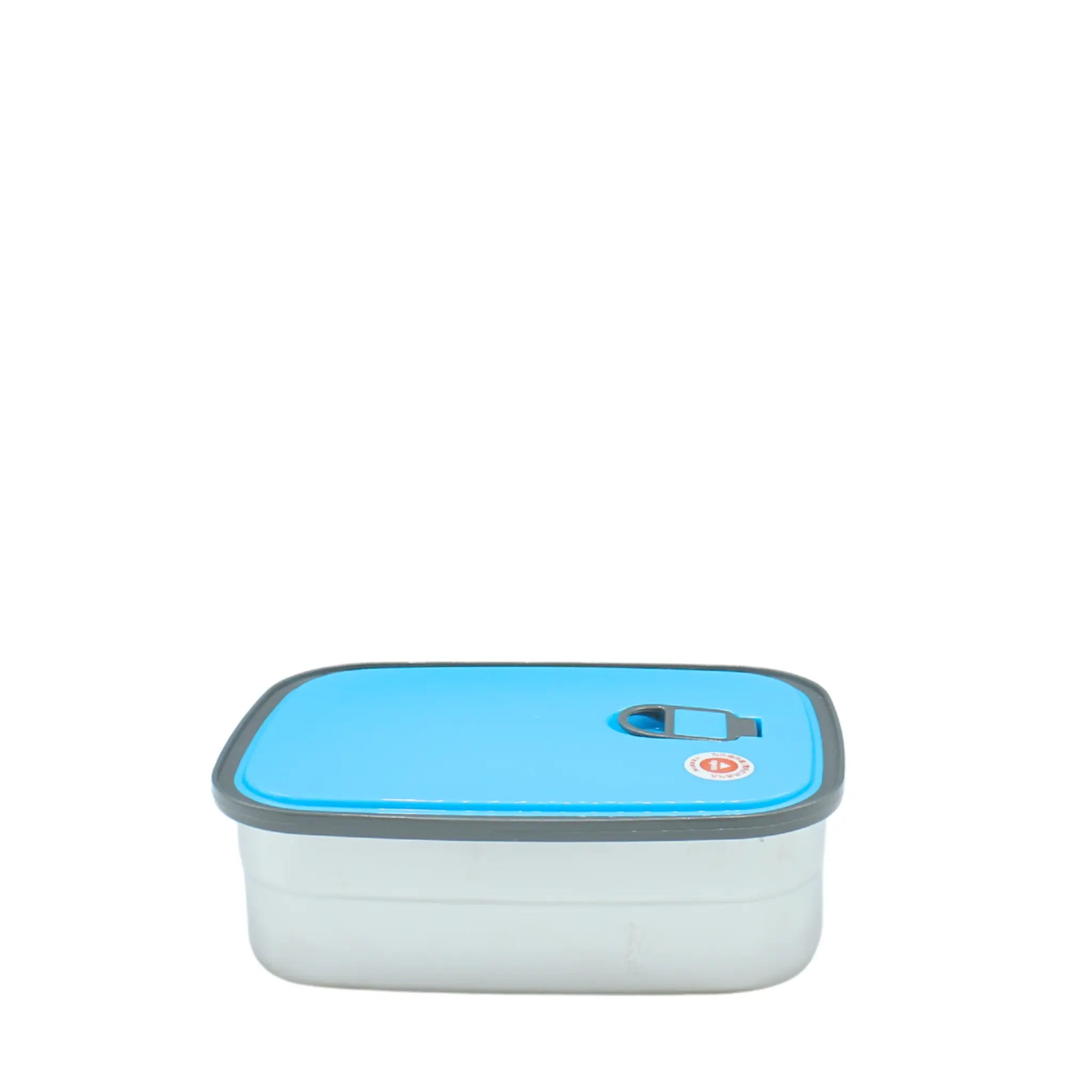 Rectangular food container with blue lid and gray base on a white background