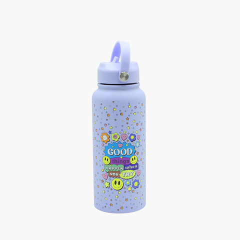 Light purple water bottle with smiley face design 