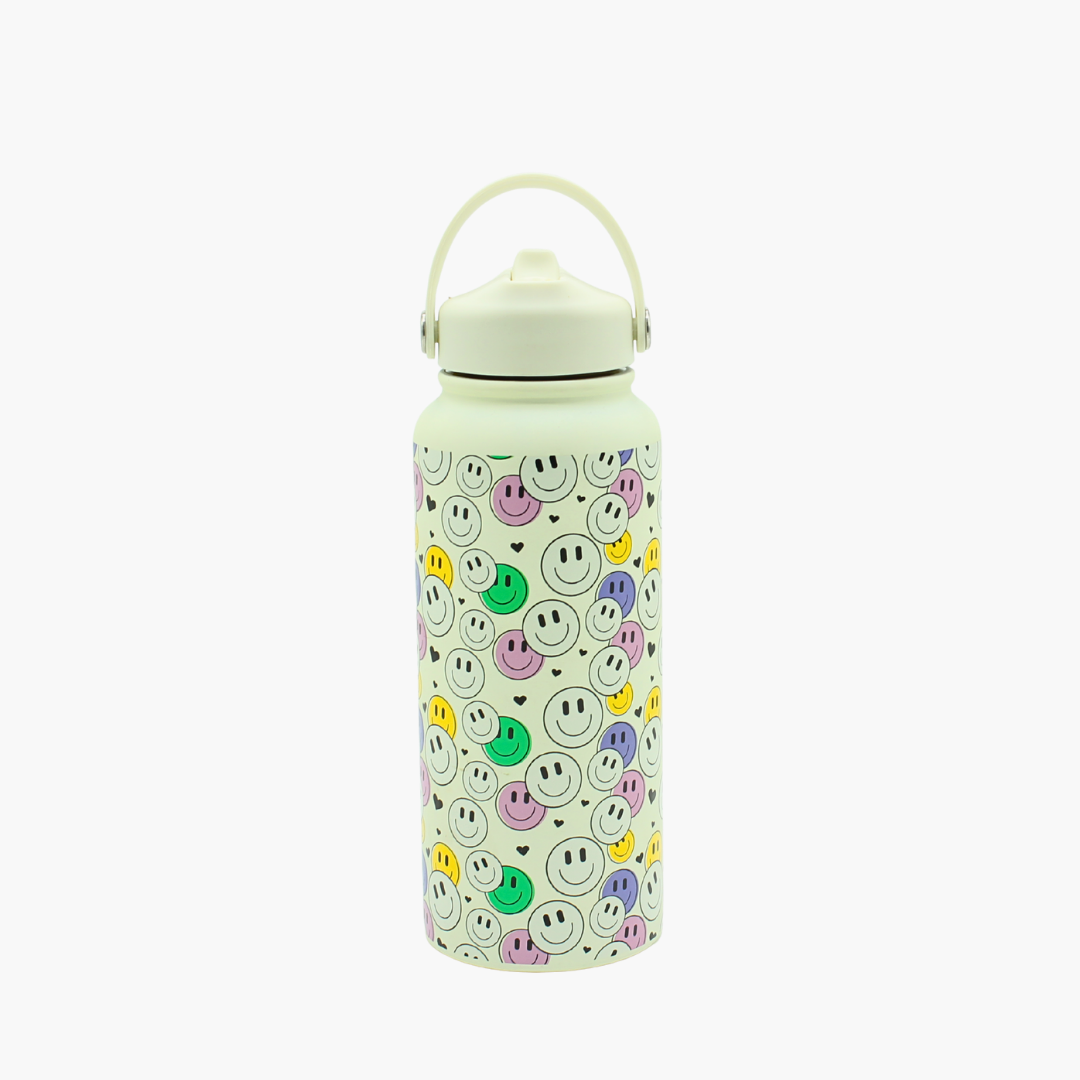 Water bottle with smiley face pattern on a white background