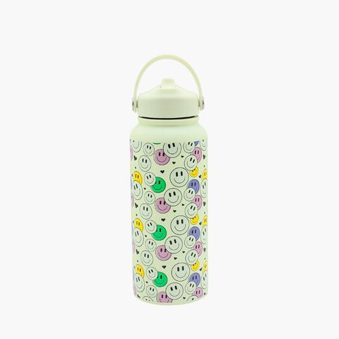 Water bottle with smiley face pattern on a white background