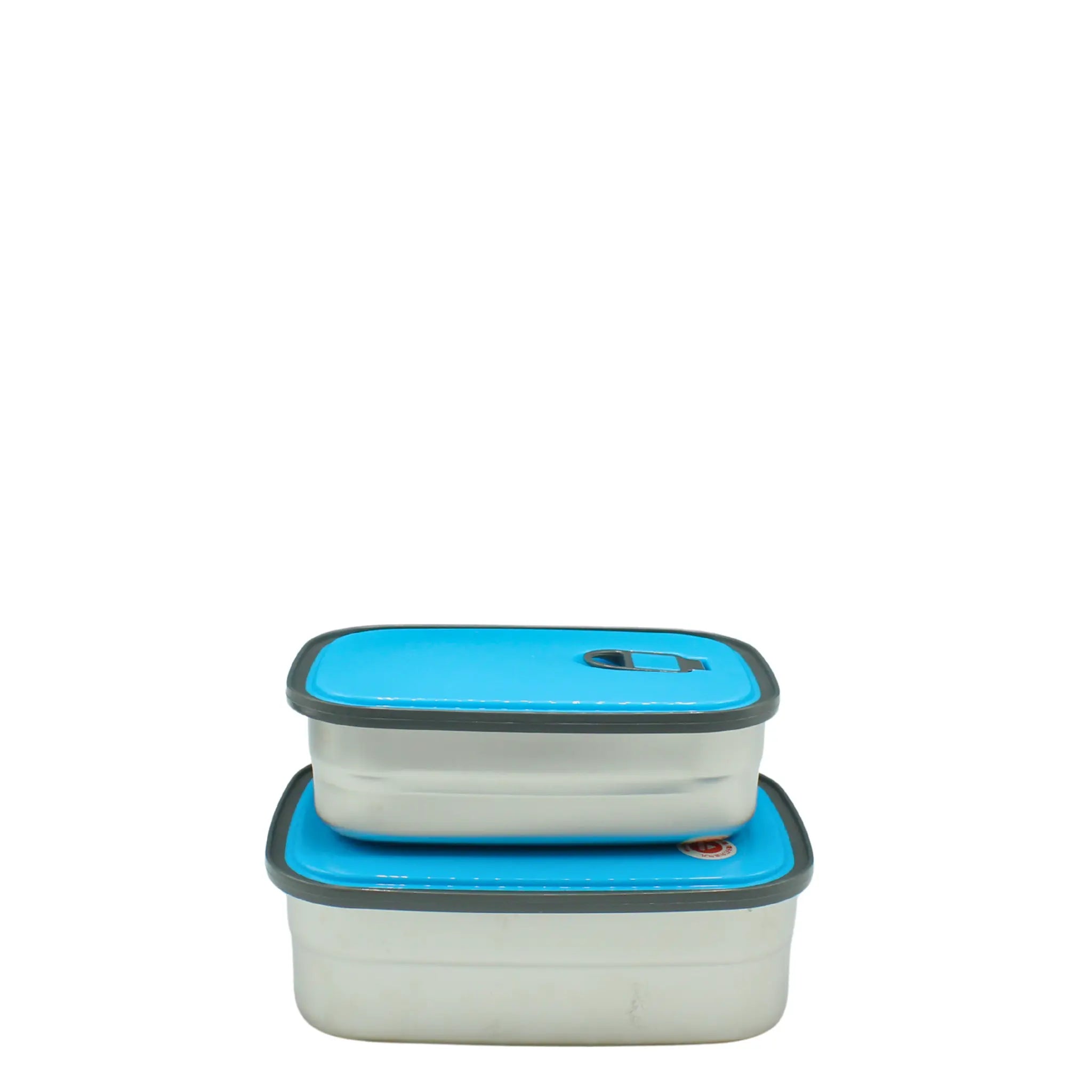 Two collapsible food containers with blue lids on a white background