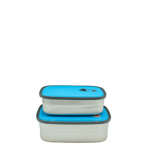 Two collapsible food containers with blue lids on a white background