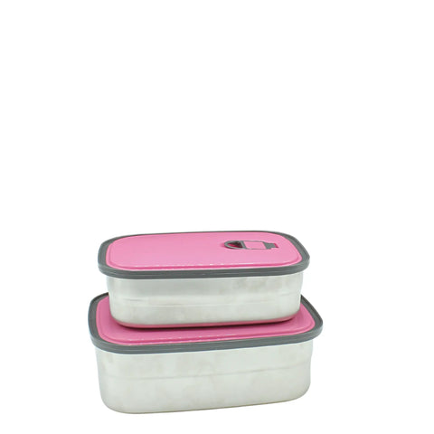 Two food storage containers with pink lids on a white background