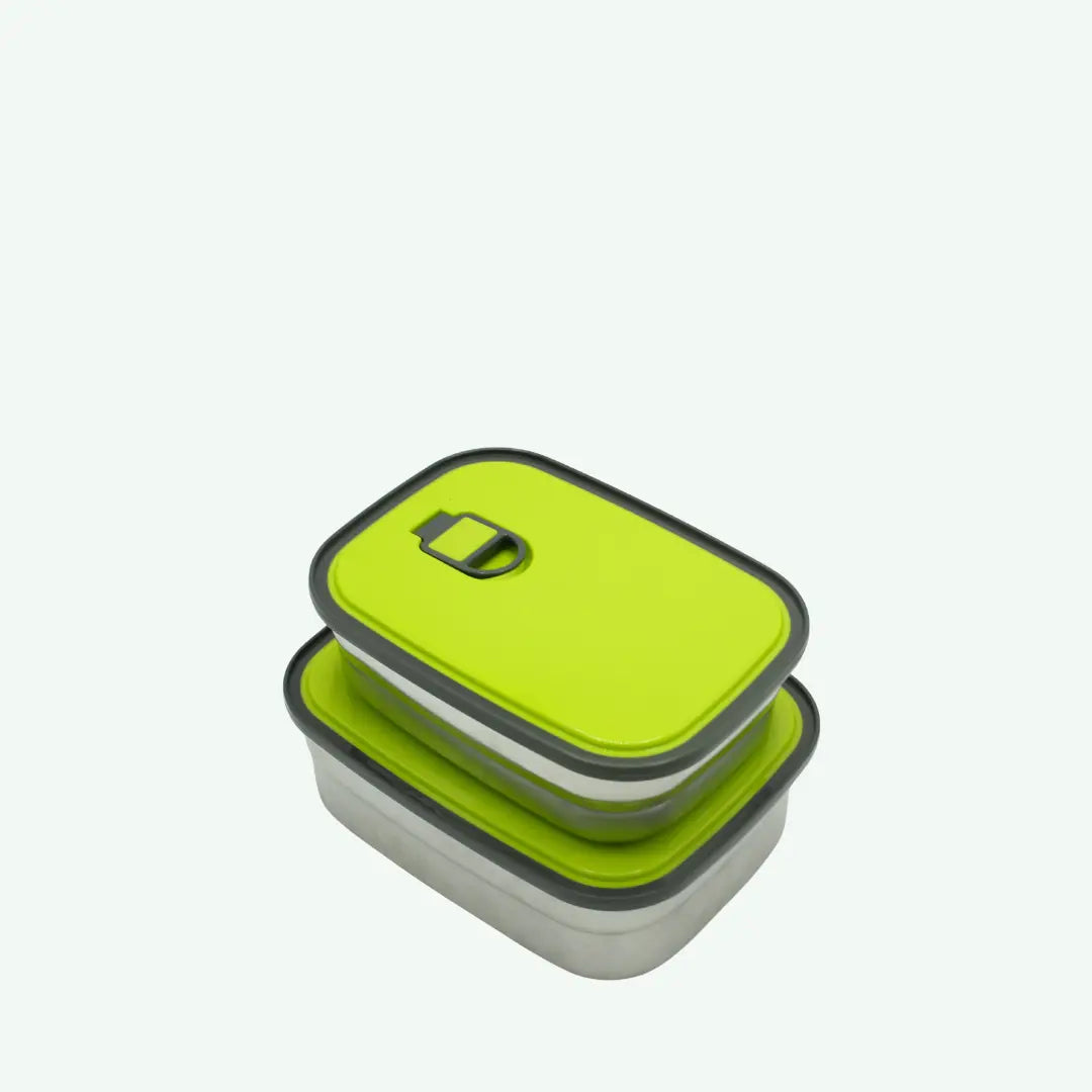 Two green and gray food containers stacked on a white background