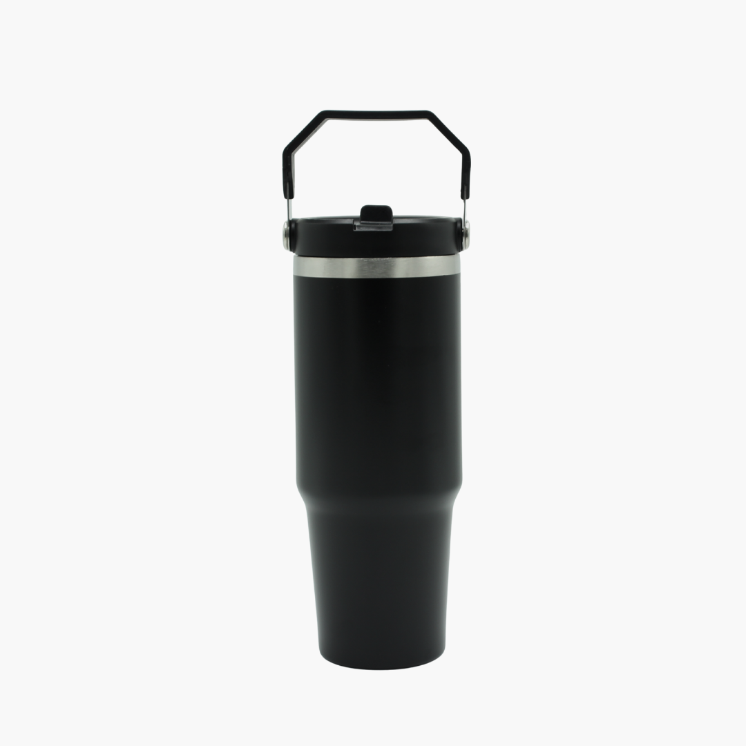 Black insulated tumbler with a handle on a white background