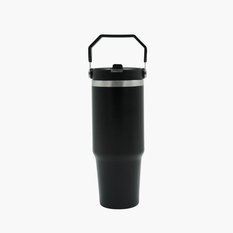 Black insulated tumbler with a handle on a white background